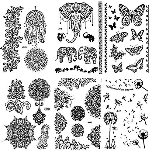 Product Cover Pinkiou Henna Tattoo Stickers Lace Mehndi Temporary Tattoos for Maverick Women Teens Girls Metallic Tattooing Pack of 6 (black)