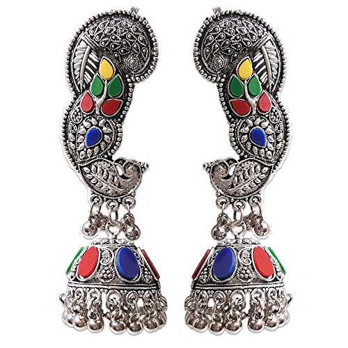 Product Cover Young & Forever diwali gifts for family and friends boho gypsy antique silver multicolor peacock jhumki earrings for girls ear clip ear cuffs earrings for women afghani oxidised danglers earrings for girls stylish full ear cuff earings