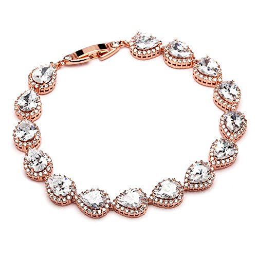 Product Cover Mariell 14K Rose Gold Plated Pear-Shaped Halo Cubic Zirconia Bridal Tennis Bracelet Wedding Jewelry