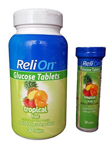 Product Cover ReliOn Glucose, 50 Tablets with On-The-Go Tube, 10 Tablets. (Tropical Fruit) by Reli On