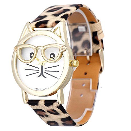Product Cover Winhurn Super Cute Cat Glasses Design Analog Quartz Women Wrist Watch (Khaki)