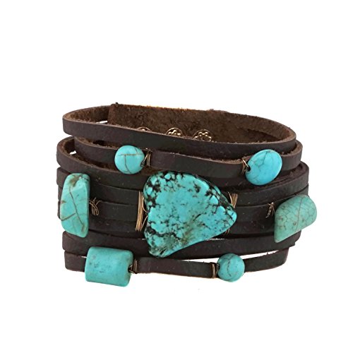 Product Cover Semi Precious Stone Turquoise Leather Bracelet Button Closure (Turquoise)