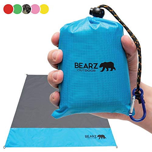 Product Cover BEARZ Outdoor Beach Blanket, Waterproof Picnic Blanket 55″x60″ - Lightweight Camping Tarp, Compact Pocket Blanket, Festival Gear, Sand Proof Mat for Travel, Hiking, Sports - Packable w/Bag (Blue)