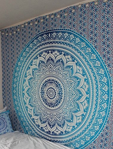 Product Cover Jaipur Handloom Blue Ombre Tapestry Hippie Mandala Bohemian Psychedelic Tapestry Wall hangings Wall Art Ethnic Dorm Decor Indian Bedspread Magical Thinking Tapestry Beach Blanket Picnic