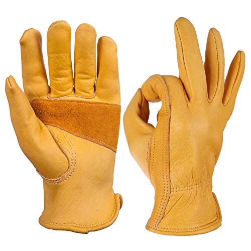Product Cover OZERO Flex Grip Leather Work Gloves Stretchable Wrist Tough Cowhide Working Glove 1 Pair (Gold, Large)