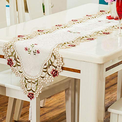 Product Cover LeLehome Classic Flowers Embroidered Lace Short Satin Floral Washable Fabric Table Runner Table Top Decoration Tapestry - Red Rose Flower Multi