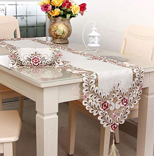 Product Cover LeLehome Classic Flowers Embroidered Lace Short Satin Floral Washable Fabric Table Runner Table Top Decoration Tapestry - Dark Rose (15 inch X 59 inch)