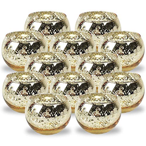 Product Cover Just Artifacts Round Mercury Glass Votive Candle Holders 2-Inch Speckled Gold (Set of 12) - Mercury Glass Votive Candle Holders for Weddings and Home Décor