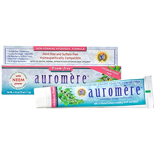 Product Cover Auromere Ayurvedic Herbal Toothpaste, Foam Free Cardamom Fennel - Vegan, Natural, Non GMO, SLS Free, Flouride Free, Gluten Free, with Neem & Peelu (4.16 oz), 2 Pack