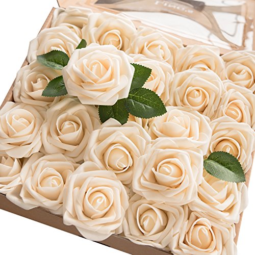 Product Cover Ling's moment Artificial Flowers 50pcs Real Looking Cream Fake Roses w/Stem for DIY Wedding Bouquets Centerpieces Bridal Shower Party Home Decorations