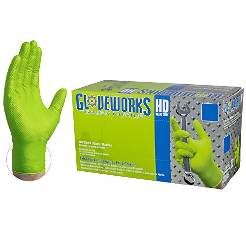 Product Cover GLOVEWORKS HD Industrial Green Nitrile Gloves - 8 mil, Latex Free, Powder Free, Diamond Texture, Disposable, Heavy Duty, XXLarge, GWGN49100-BX, Box of 100