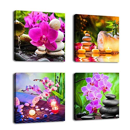 Product Cover Canvas Wall Art Zen Canvas Prints SPA Stone Green Bamboo Pink Waterlily and Frangipani Picture - 4 Pieces Framed Canvas Art Modern Artwork Canvas Painting for Home Office Kitchen Decoration