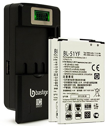 Product Cover Two Bastex Replacement Batteries for LG G4 3000mAh BL-51YF. Includes External Dock LCD Battery Charger. Made for H815 H811 H810 VS986 VS999 US991 F500 LS991