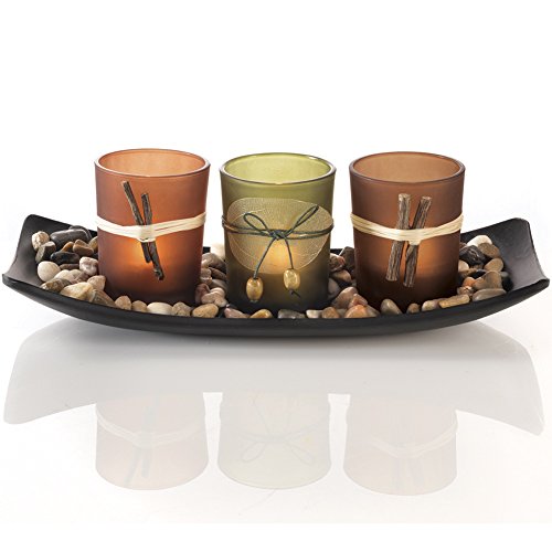 Product Cover Dawhud Direct Natural Candlescape Set, 3 Decorative Candle Holders, Rocks and Tray