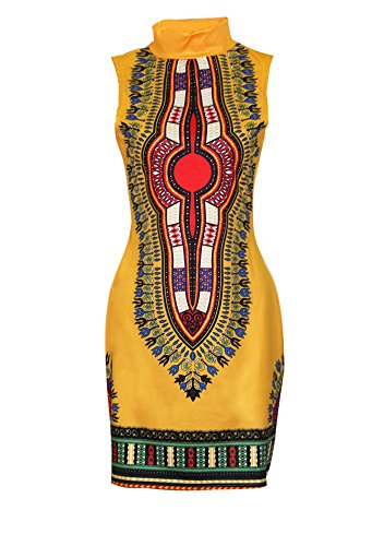 Product Cover SheKiss Women Traditional African Print Dashiki Bodycon Sleeveless High Collar Dress Yellow