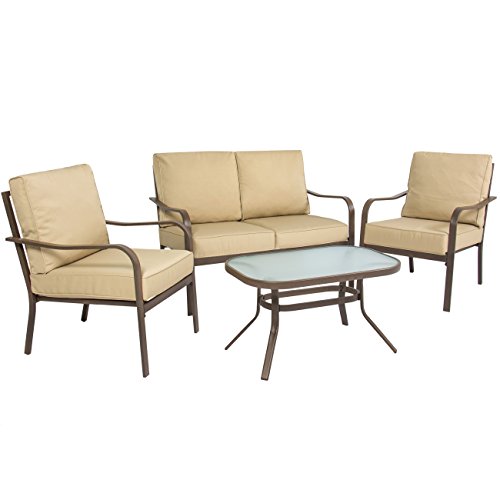 Product Cover Best Choice Products 4-Piece Cushioned Metal Conversation Set with 2 Chairs and Glass Top Coffee Table, Beige