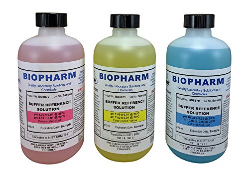 Product Cover Biopharm pH Buffer Calibration Solution Kit 3-Pack | 250 ml (8oz) Bottle Each | pH 4.00, 7.00 and 10.00 Calibration Standards | Color Coded | NIST Traceable for All pH Meters