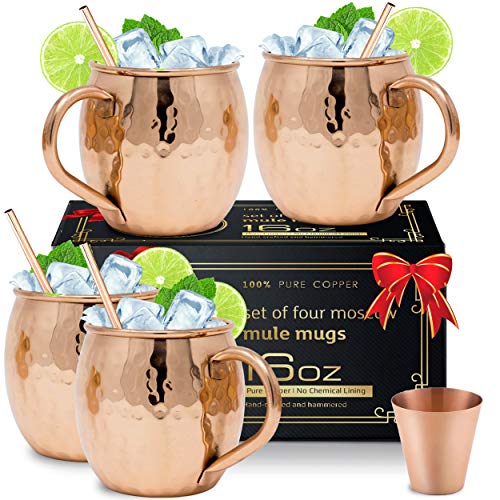 Product Cover Moscow Mule Copper Mugs with 4 Straws and Shot Glass - Set of 4 HandCrafted Food Safe Pure Solid Copper Mugs - Bonus Highest Quality Copper Shot Glass and 4 Copper Straws - Attractive Box