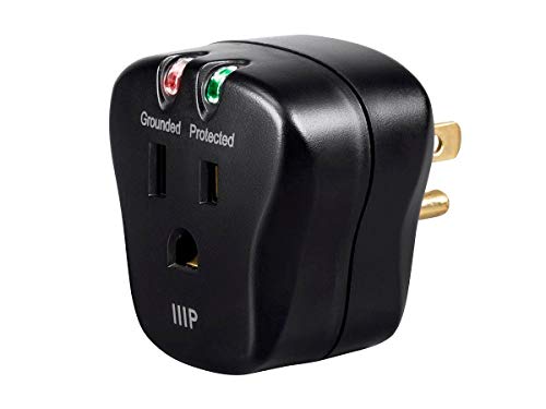 Product Cover Monoprice 1 Outlet Portable Mini Power Surge Protector Wall Tap - Black | UL Rated 540 Joules with Grounded and Protected Light Indicator