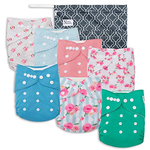 Product Cover Peonies Baby Cloth Pocket Diapers 7 Pack, 7 Bamboo Inserts, 1 Wet Bag by Nora's Nursery