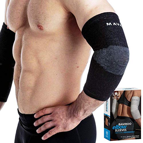 Product Cover Mava Sports Elbow Sleeve Recovery Compression, Size L - Support for Workouts, Weightlifting, Arthritis, Tendonitis, Tennis and Golfer's Elbow - Bamboo Charcoal Athletic Elbow Compression Sleeves