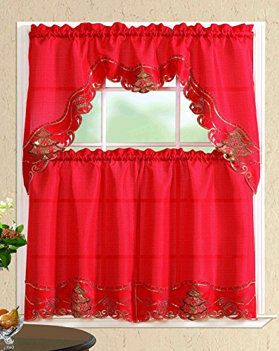 Product Cover All American Collection New 3pc Christmas Holiday Design Embroidered Kitchen Curtain Set (Christmas Tree with Bells, Red