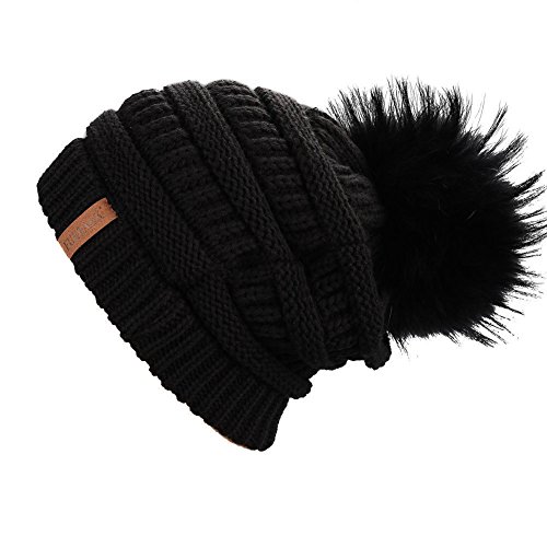 Product Cover Winter Real Fur Pom Beanie Hat Warm Oversized Chunky Cable Knit Slouch Beanie Hats for Women