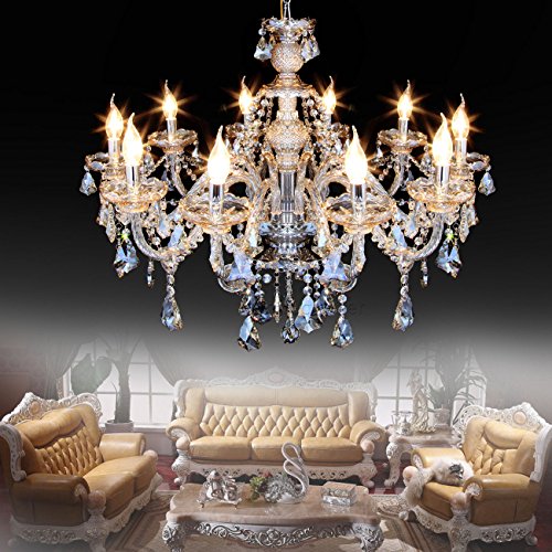 Product Cover Ridgeyard 25.6 x 35.4 Inch Modern Luxurious 10 Lights K9 Crystal Chandelier Candle Pendant Lamp Living Room Ceiling Lighting for Dining Bedroom Hallway Entry (Cognac Color)