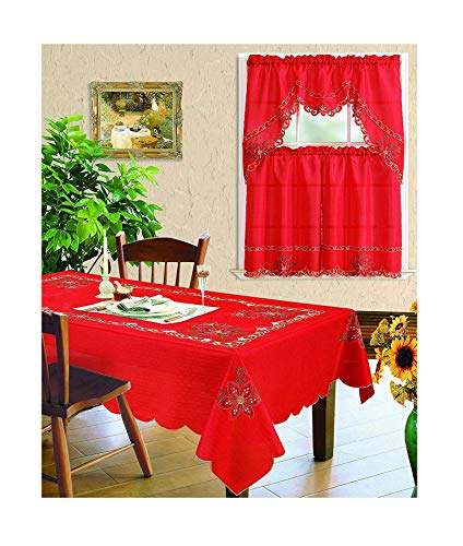 Product Cover All American Collection New 3pc Christmas Holiday Design Embroidered Kitchen Curtain Set (6 Chairs Tablecloth, Red)