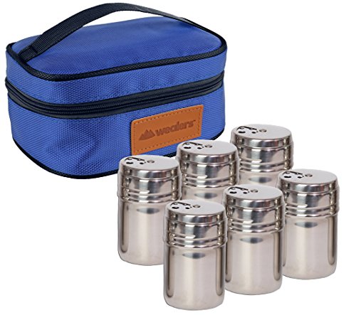 Product Cover Portable Stainless Steel Spice Shaker Seasoning Dispenser - 6 Pc Set with Rotating Lids and Travel Bag| Spice Jars - Salt and Pepper Shakers - Dry Herb Spice Condiment Dispenser | Camping | BBQ