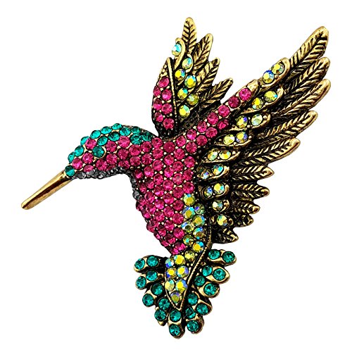 Product Cover SELOVO Antique Gold Tone Bird Hummingbird Multi Color Austrian Crystal Pin Brooch