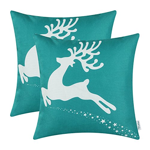 Product Cover CaliTime Pack of 2 Soft Canvas Throw Pillow Covers Cases for Couch Sofa Home Decoration Christmas Holiday Reindeer with Stars Print 18 X 18 Inches Teal