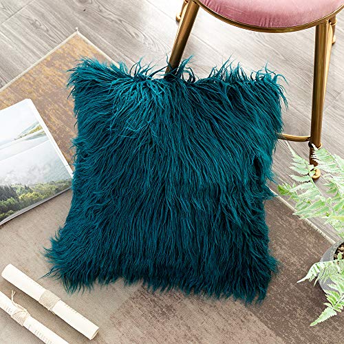 Product Cover OJIA Deluxe Home Decorative Super Soft Plush Mongolian Faux Fur Throw Pillow Cover Cushion Case (18 x 18 Inch, Teal Blue)