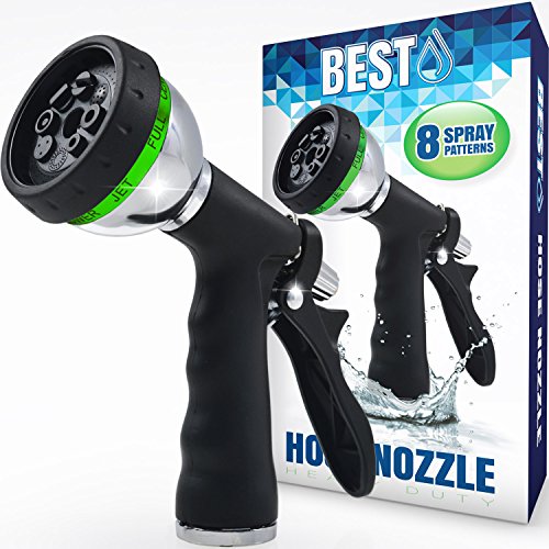 Product Cover Best Garden Hose Nozzle (HIGH PRESSURE TECHNOLOGY) - 8 Way Spray Pattern - Jet, Mist, Shower, Flat, Full, Center, Cone, and Angel Water Sprayer Settings - Rear Trigger Design - Steel Chrome Design