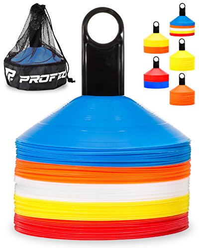 Product Cover Pro Disc Cones (Set of 50) - Agility Soccer Cones with Carry Bag and Holder for Training, Football, Kids, Sports, Field Cone Markers - Includes Top 15 Drills eBook (Multi-Color)