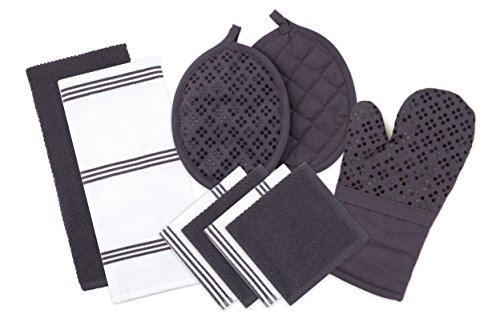 Product Cover Sticky Toffee Silicone Printed Oven Mitt & Pot Holder, Cotton Terry Kitchen Dish Towel & Dishcloth, Gray, 9 Piece Set