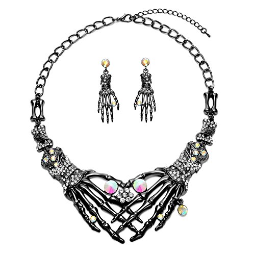Product Cover Punk Necklace arrings Set - Hypoallergenic Gothic Skull Skeleton Choker Statement Necklace Earrings Jewelry Set For Women,Girls Including 1 Chunky Necklace,1 Drop Earrings