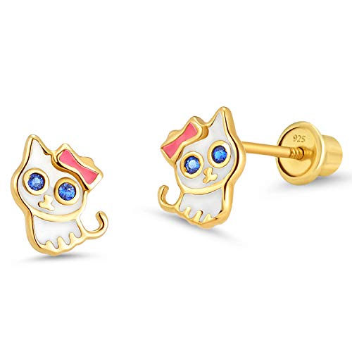 Product Cover 14k Gold Plated Enamel Cat Kitten Cubic Zirconia Girls Screwback Earrings with Sterling Silver Post