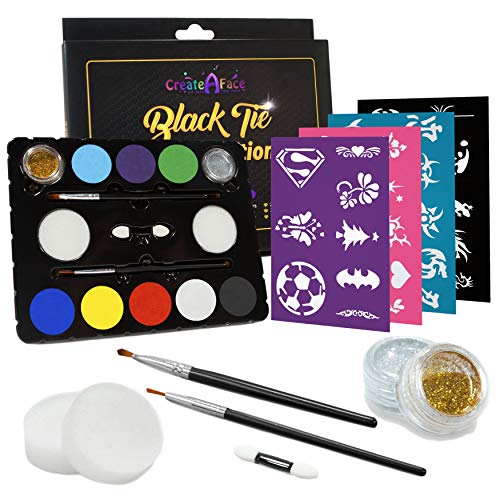 Product Cover Face Painting Set for Parties with 32 Stencils (for 50-80 Face Paint Projects) 8 Colors, 2 Brushes, 2 Glitters, 2 Sponges & 2 Applicators Included - 100% Safe, FDA Compliant, Water Activated
