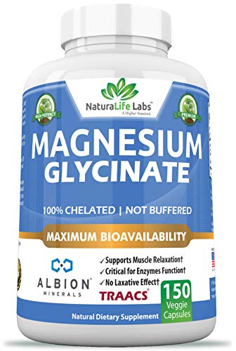 Product Cover Magnesium Glycinate 100% Albion Minerals TRAACS Maximum Bioavailability Chelate No laxative effect Not buffered Vegan Helps Function of muscles, bones, heart Non-GMO 150 capsules