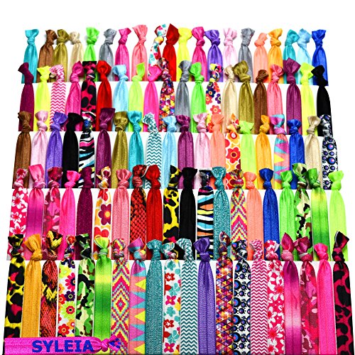 Product Cover Syleia 100 Hair Ties - Printed Patterns and Solid Colors - Plus One Bonus Hair Tie - Elastic Ponytail Holders No Crease Hand Knotted Fold Over Assorted 100 Pack