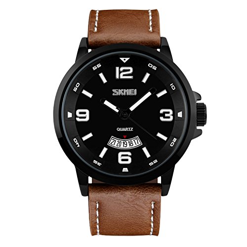 Product Cover Mens Fashion Dress Analog Quartz Watch with Brown Leather Band Unique Big Face Number Retro Casual Wrist Watches Classic Business Waterproof Wristwatch Calendar Date Week - Black Brown