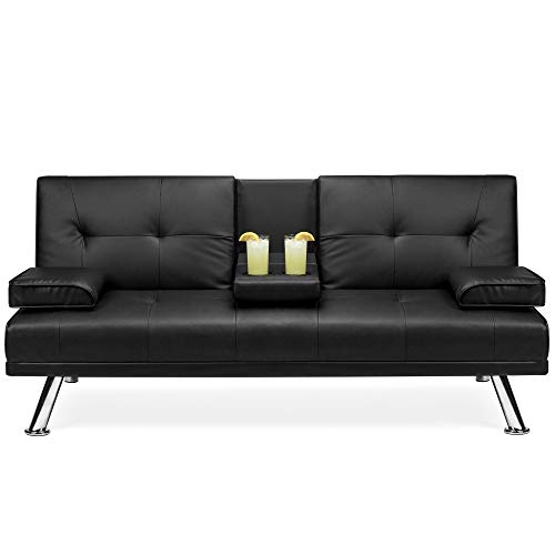 Product Cover Best Choice Products Modern Faux Leather Futon Sofa Bed Fold Up & Down Recliner Couch with Cup Holders - Black