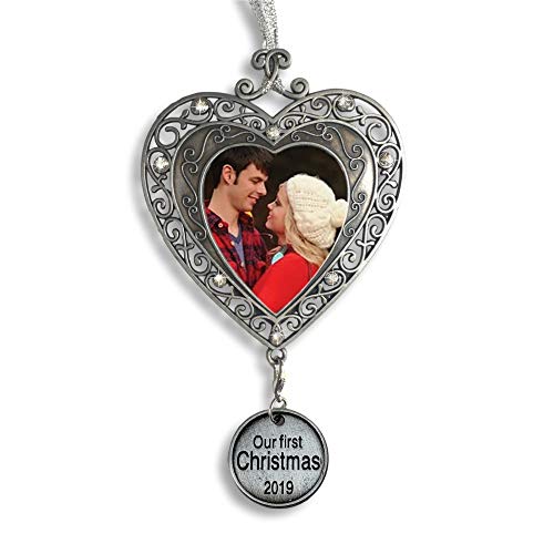 Product Cover Our First Christmas Ornament 2019 - Silver Filigree Heart Shaped Photo Ornament - Xmas Picture Ornaments