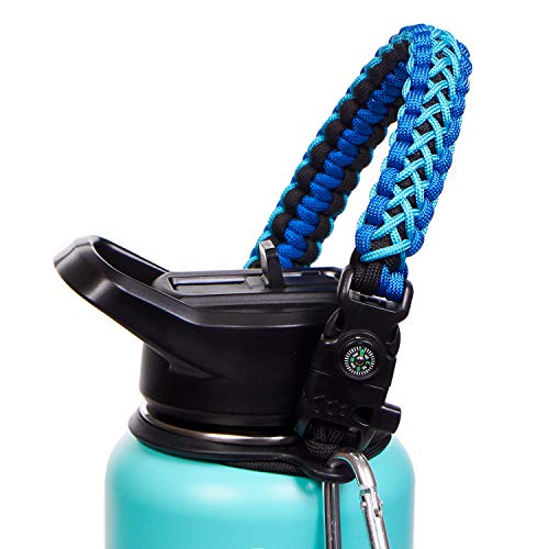 Product Cover WaterFit Paracord Carrier Strap Cord with Safety Ring and Carabiner for 12-Ounce to 64-Ounce Wide Mouth Water Bottles, DoubleBlue/Compass+FireStarter