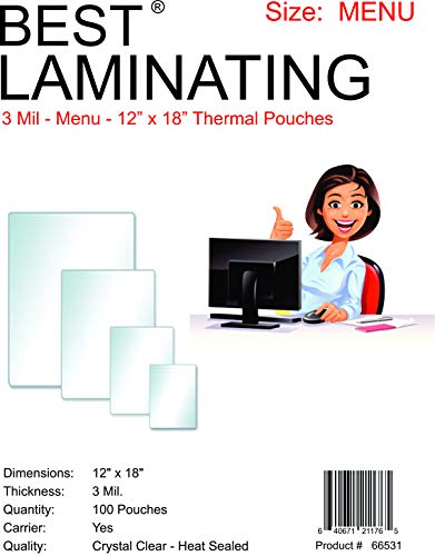 Product Cover Best LaminatingÂ - 3 Mil Clear Menu Size Thermal Laminating Pouches - 12 X 18 - Qty 100, Model: 66531, Electronic Store