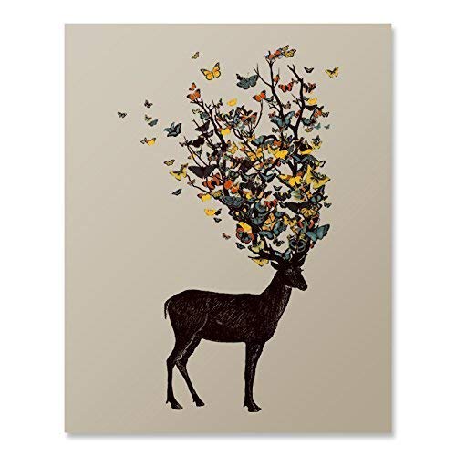 Product Cover Colorful Deer Antlers Butterfly Art Print Beautiful Animal Flying Insect Nature Wall Poster Wildlife Woodland Illustration Home Decor 8 x 10 inches