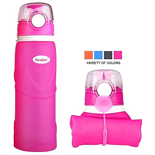Product Cover Kemier Collapsible Silicone Water Bottles-750ML,Medical Grade,BPA Free,FDA Approved.Can Roll Up,26oz,Leak Proof Foldable Sports & Outdoor Water Bottles (Pink)