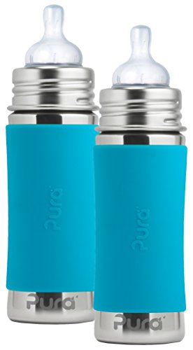 Product Cover Pura Kiki Stainless Steel Infant Bottle with Aqua Silicone Sleeve, 11 Ounce, Set of 2