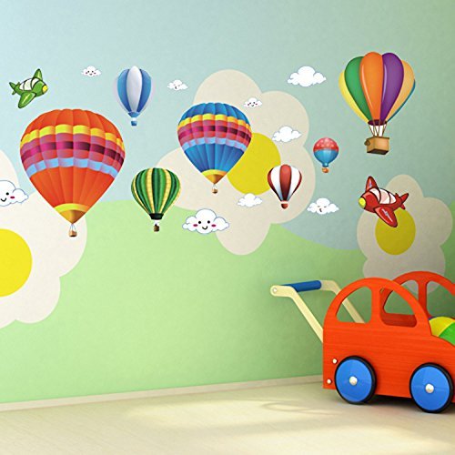 Product Cover Amaonm Removable Creative 3D Hot air Balloon Aircraft and Smile Clouds Wall Decals Kids Room Wall Decorations Art Decor Stickers Nursery Decor 3D Art Decal Bedroom Bathroom Sticker